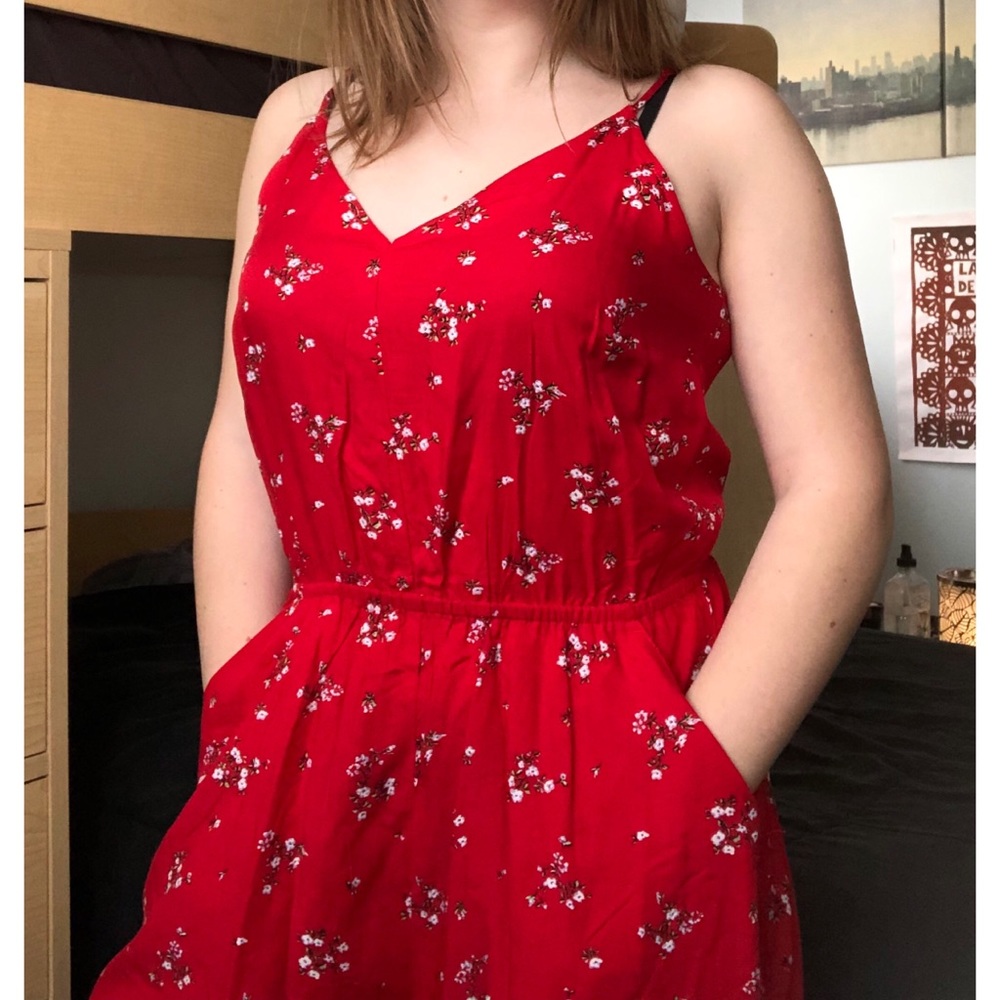 Pocketed Red Romper with Floral Design
